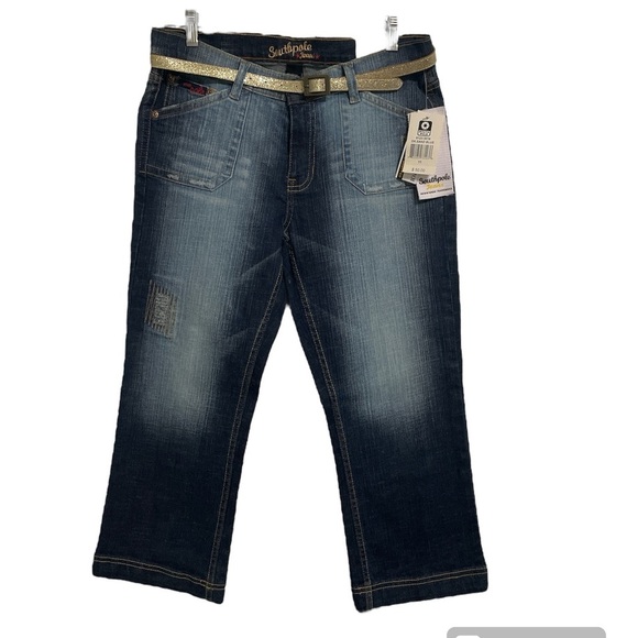 Southpole Dark Sand Blue Denim Capri‎ Jeans with Gold Belt Size 11 NWT - Picture 1 of 9